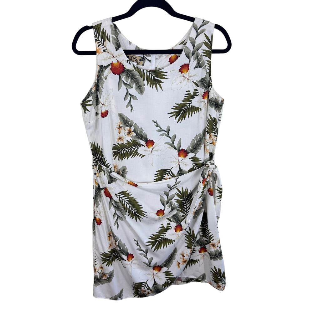 Two Palms Rayon Tropical Print Faux Wrap Sleeveless‎ Lightweight Mini Dress Sz L
